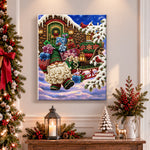 Finished christmas gnome with gift sleigh pearl diamond painting artwork displayed as holiday home decor