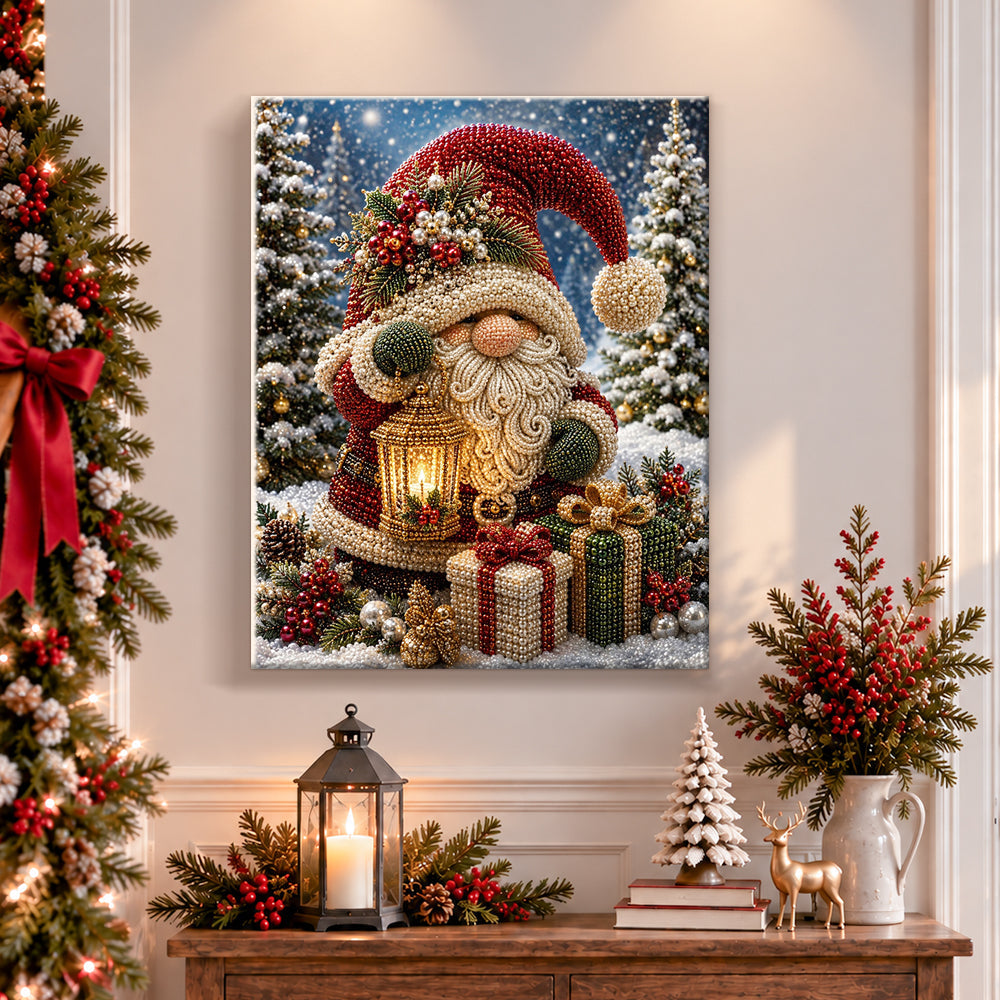 Finished christmas gnome with lit lantern pearl diamond painting artwork displayed as holiday home decor