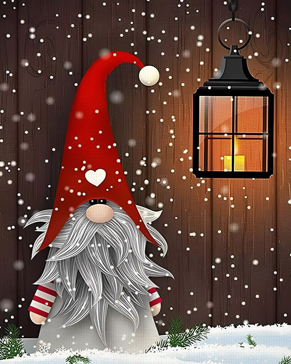Christmas gnome with red hat and lantern cross stitch kit for beginners