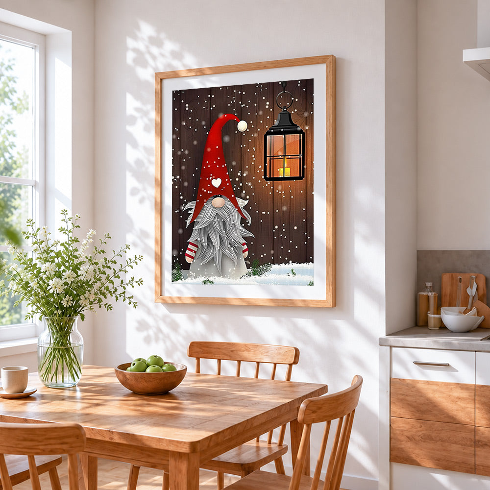 Christmas gnome with red hat and lantern cross stitch artwork displayed on wall as home decor