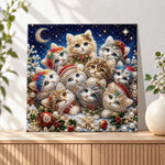Finished christmas kittens under crescent moon pearl diamond painting artwork displayed as holiday home decor