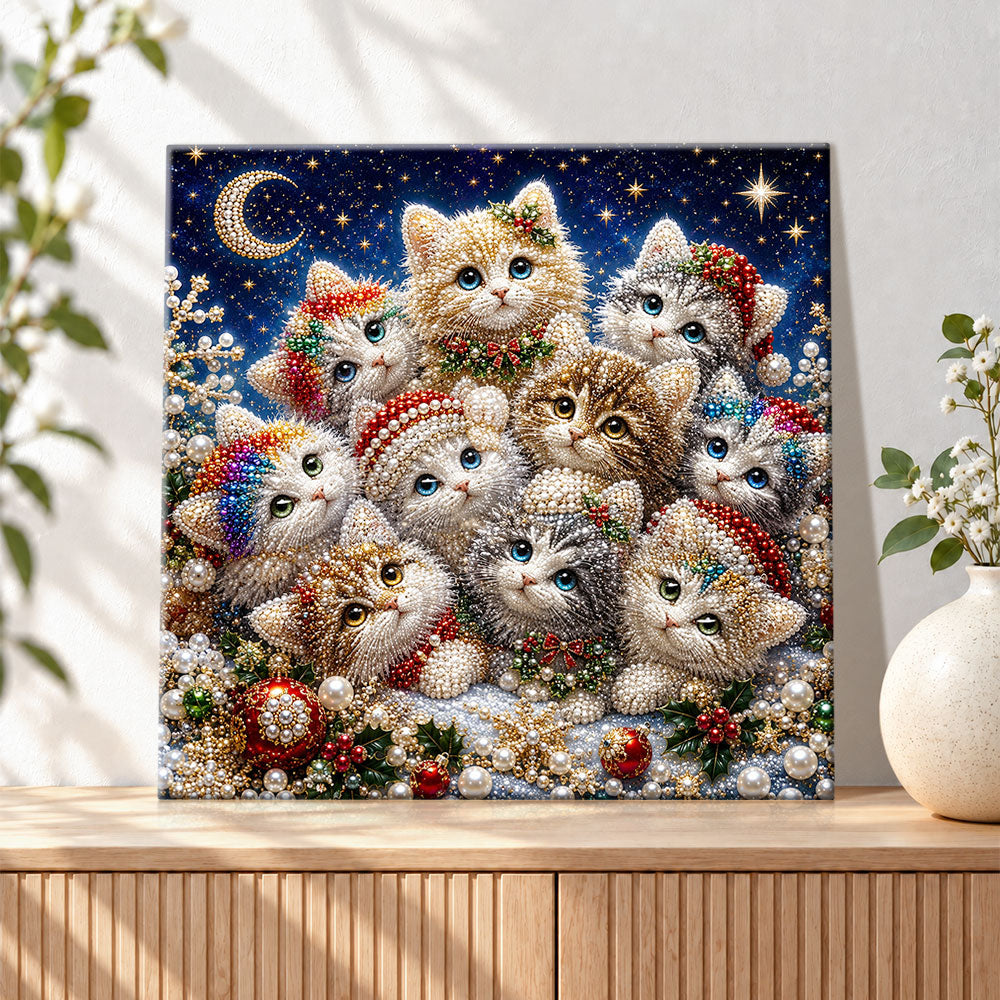 Finished christmas kittens under crescent moon pearl diamond painting artwork displayed as holiday home decor