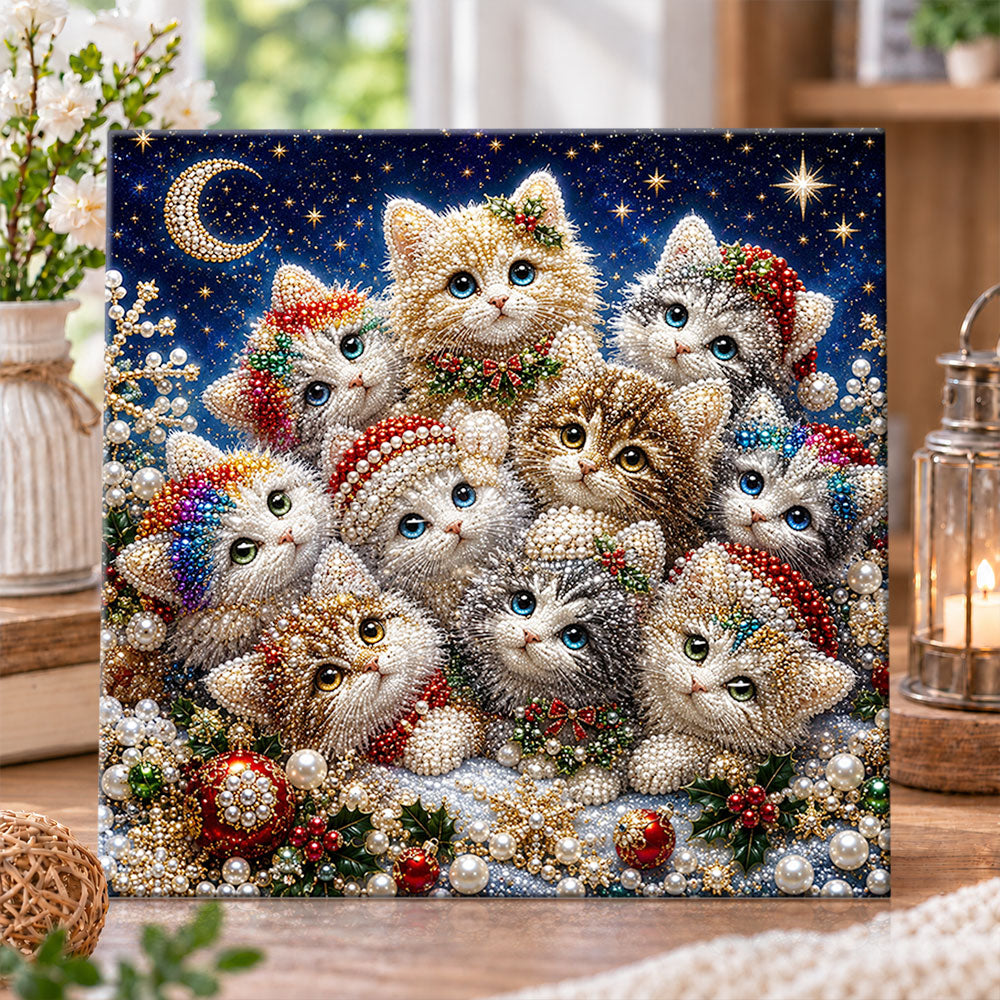 Christmas kittens under crescent moon pearl diamond painting kit for beginners