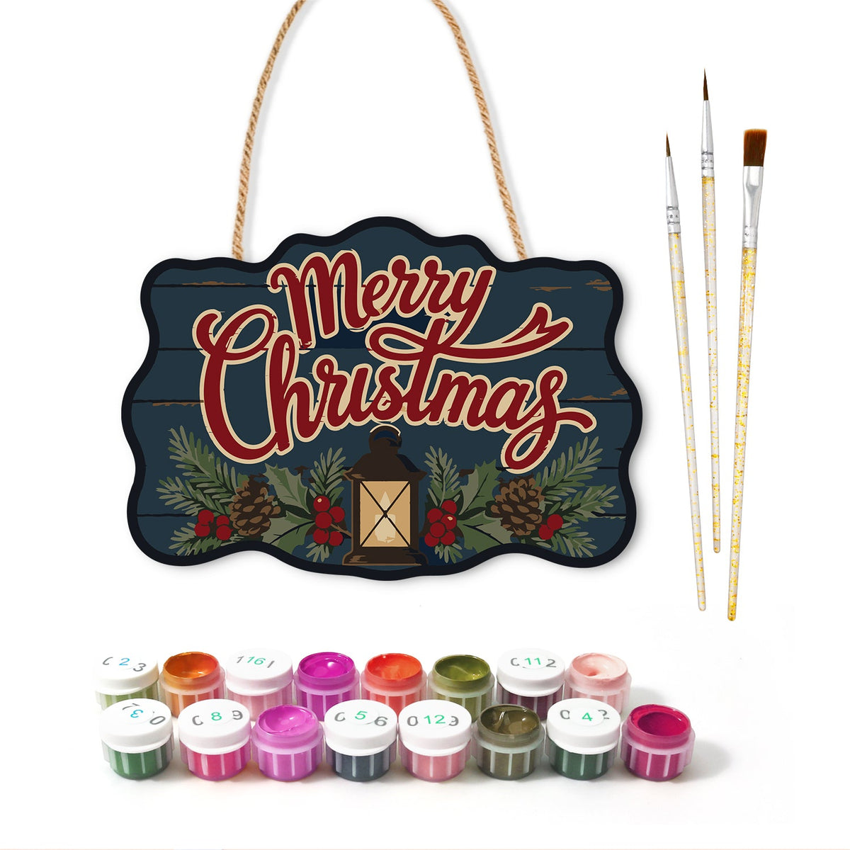 Christmas lantern decor paint by numbers door hanger with paints and brushes