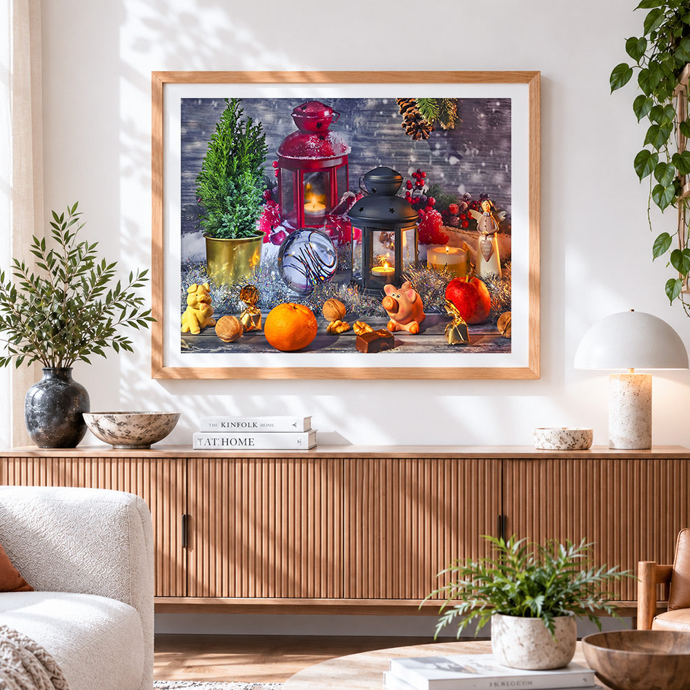 Finished christmas lanterns and candles cross stitch artwork displayed