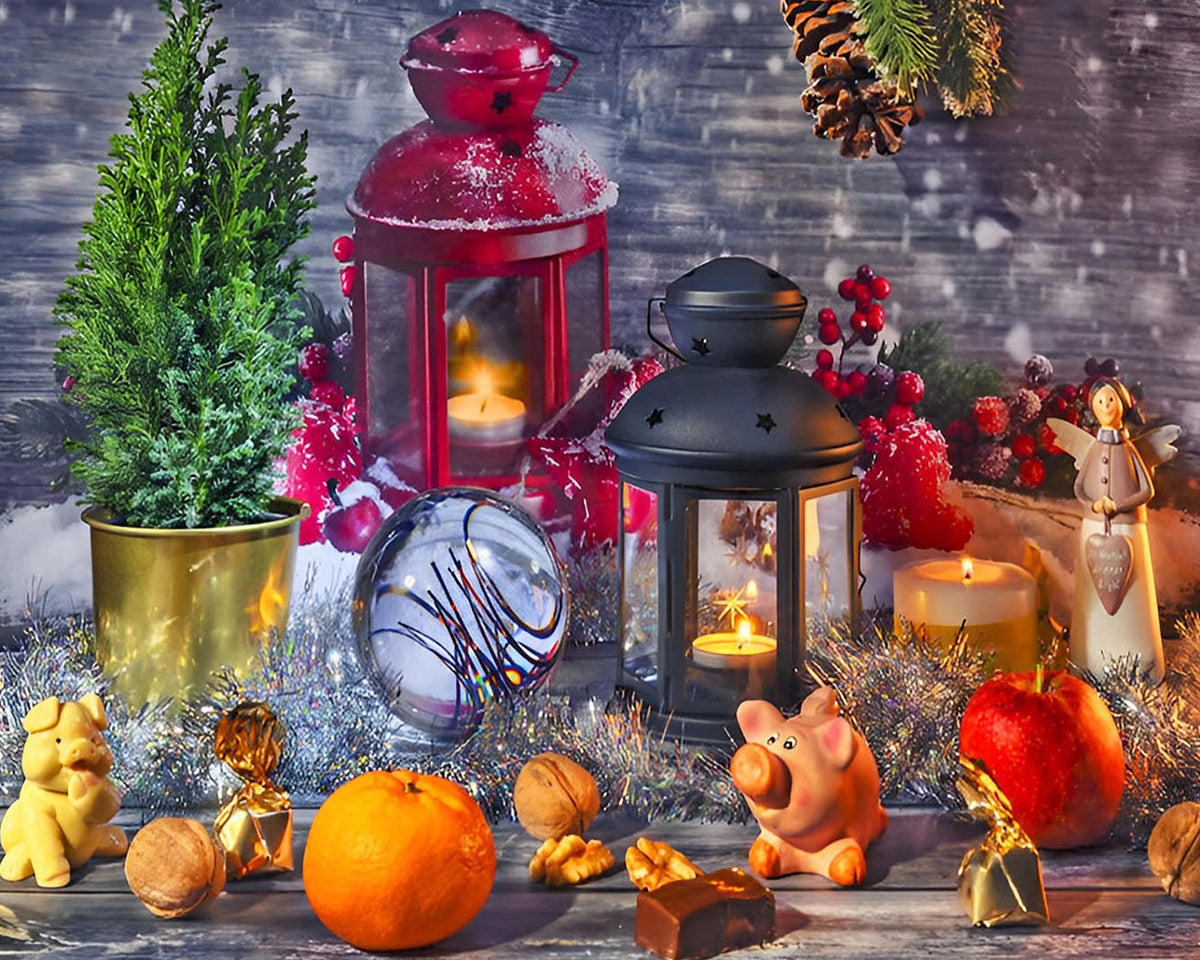 Christmas lanterns and candles cross stitch kit for beginners
