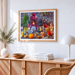 Christmas lanterns and candles cross stitch artwork displayed on wall as home decor
