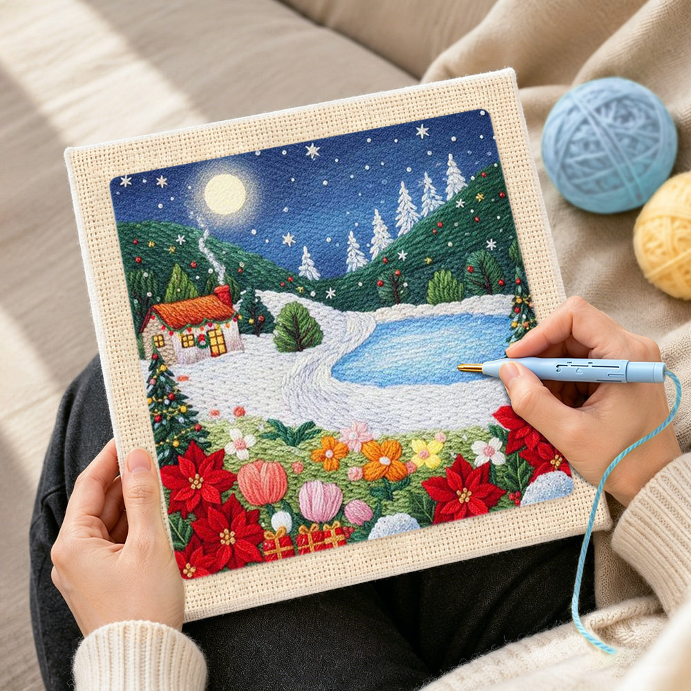 Creating handmade christmas lighthouse scene punch needle artwork