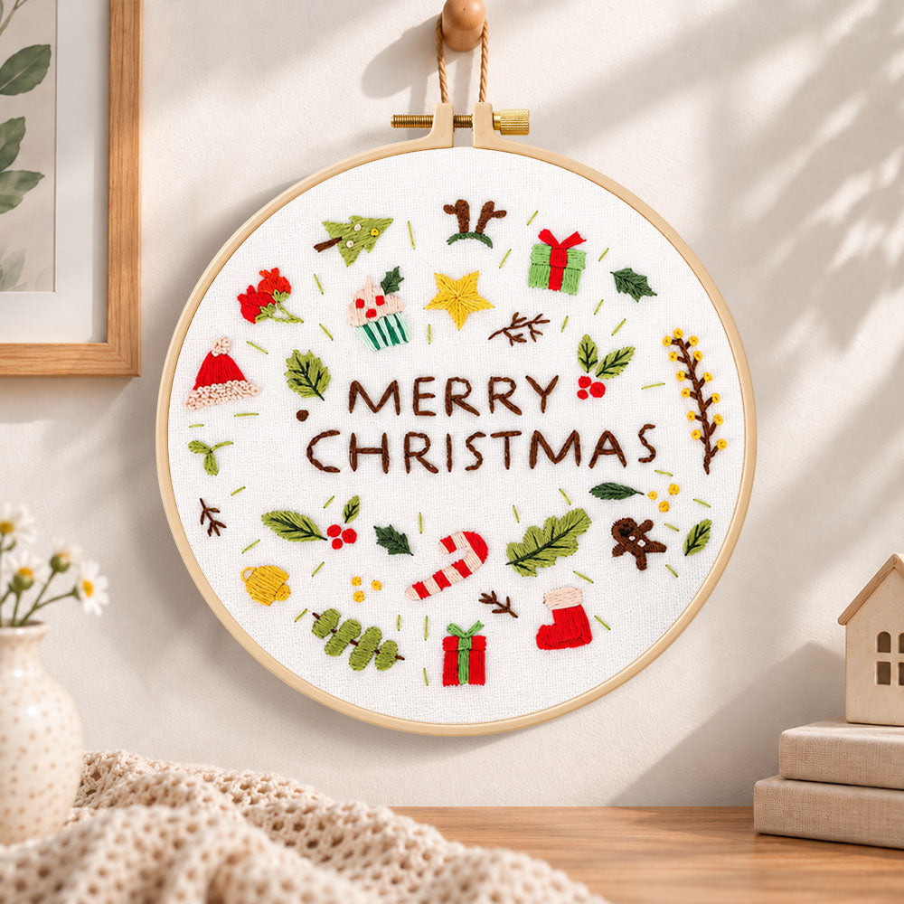 Christmas mini icons embroidery hoop wall art displayed as warm and cosy handmade home decor