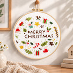 Christmas mini icons embroidery hoop wall art displayed as warm and cosy handmade home decor