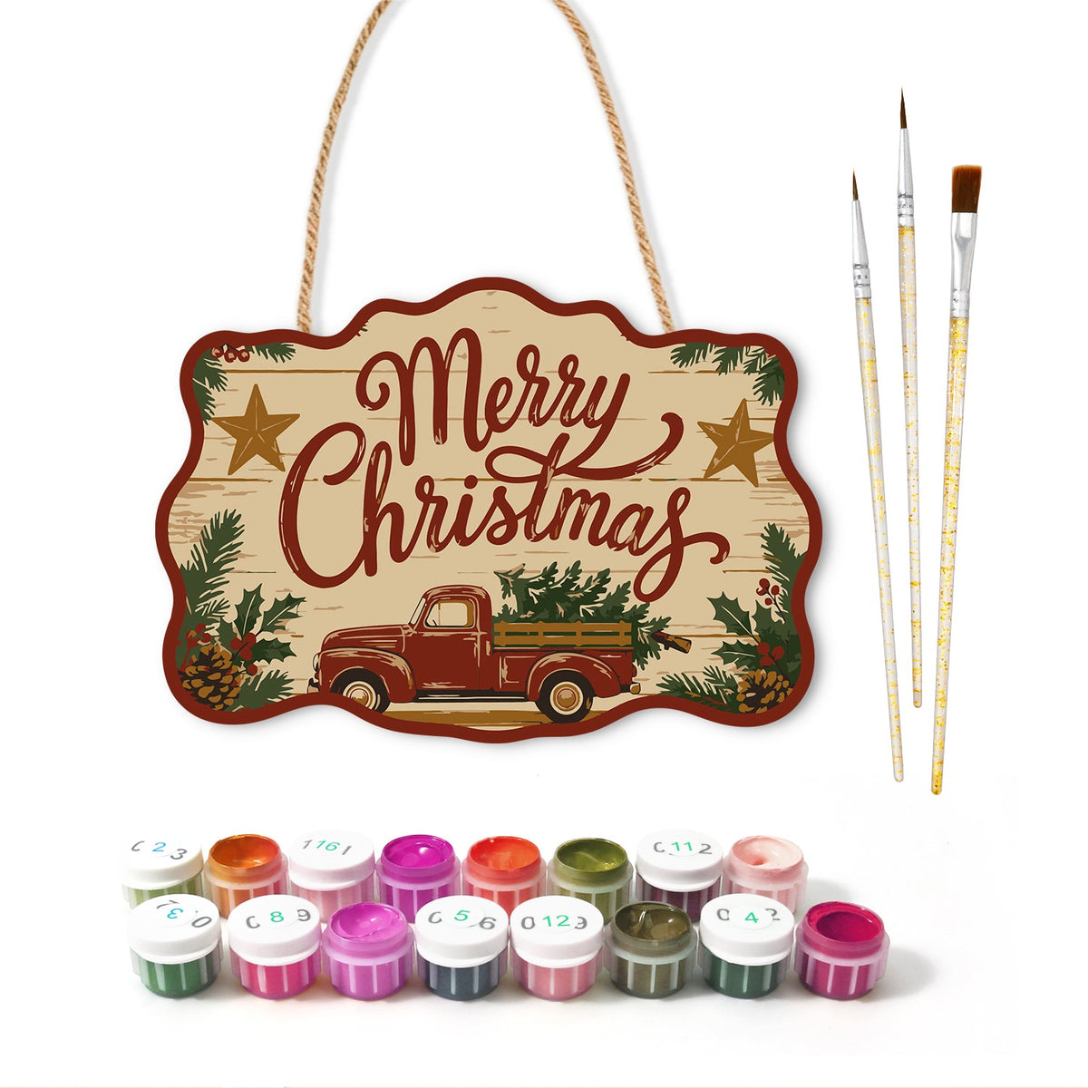 Christmas red truck paint by numbers door hanger with paints and brushes