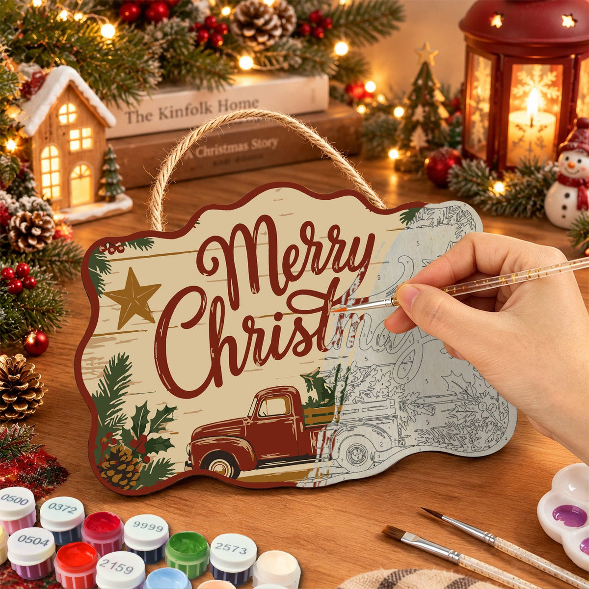 Christmas red truck paint by numbers door hanger painting process