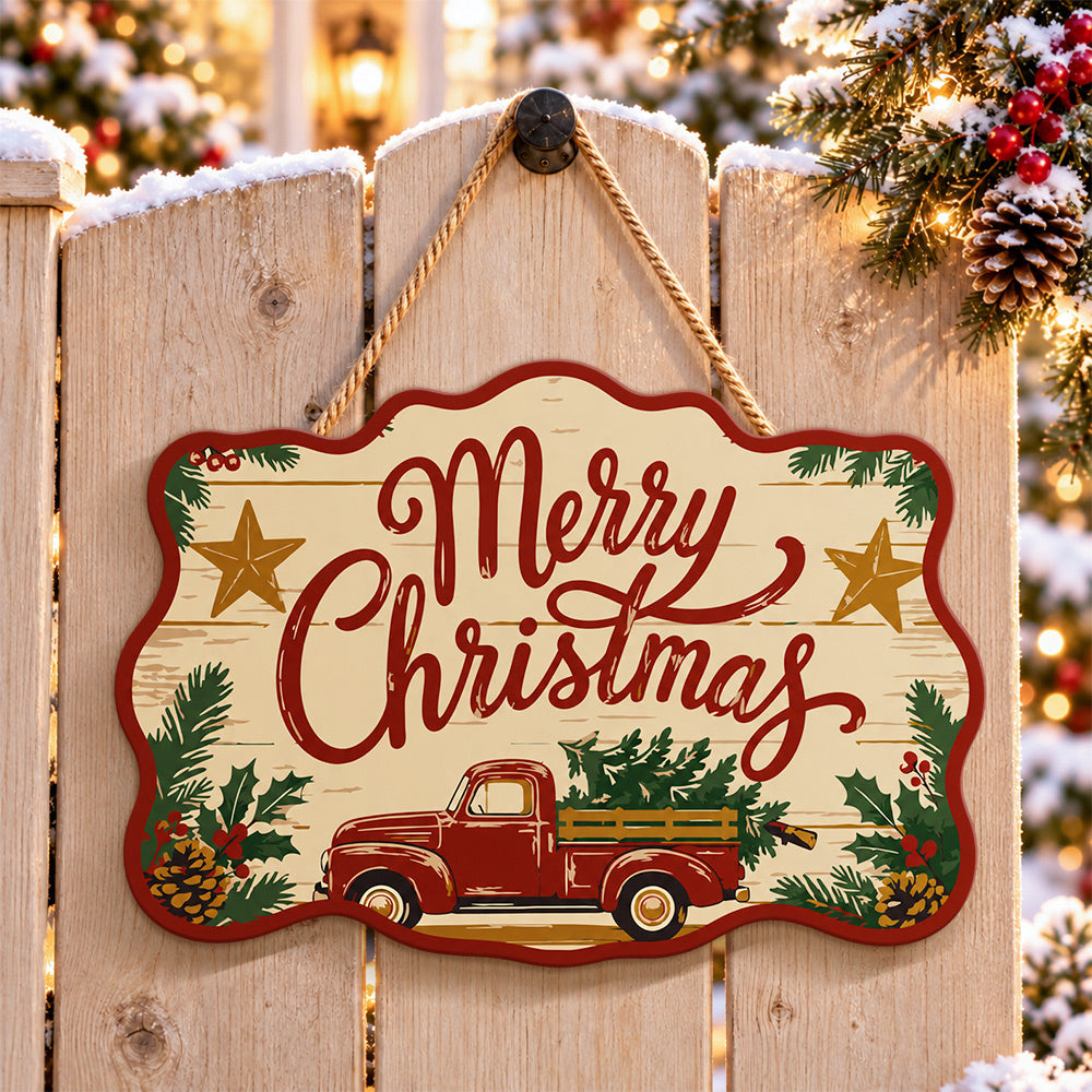 Christmas red truck paint by numbers door hanger on a garden gate
