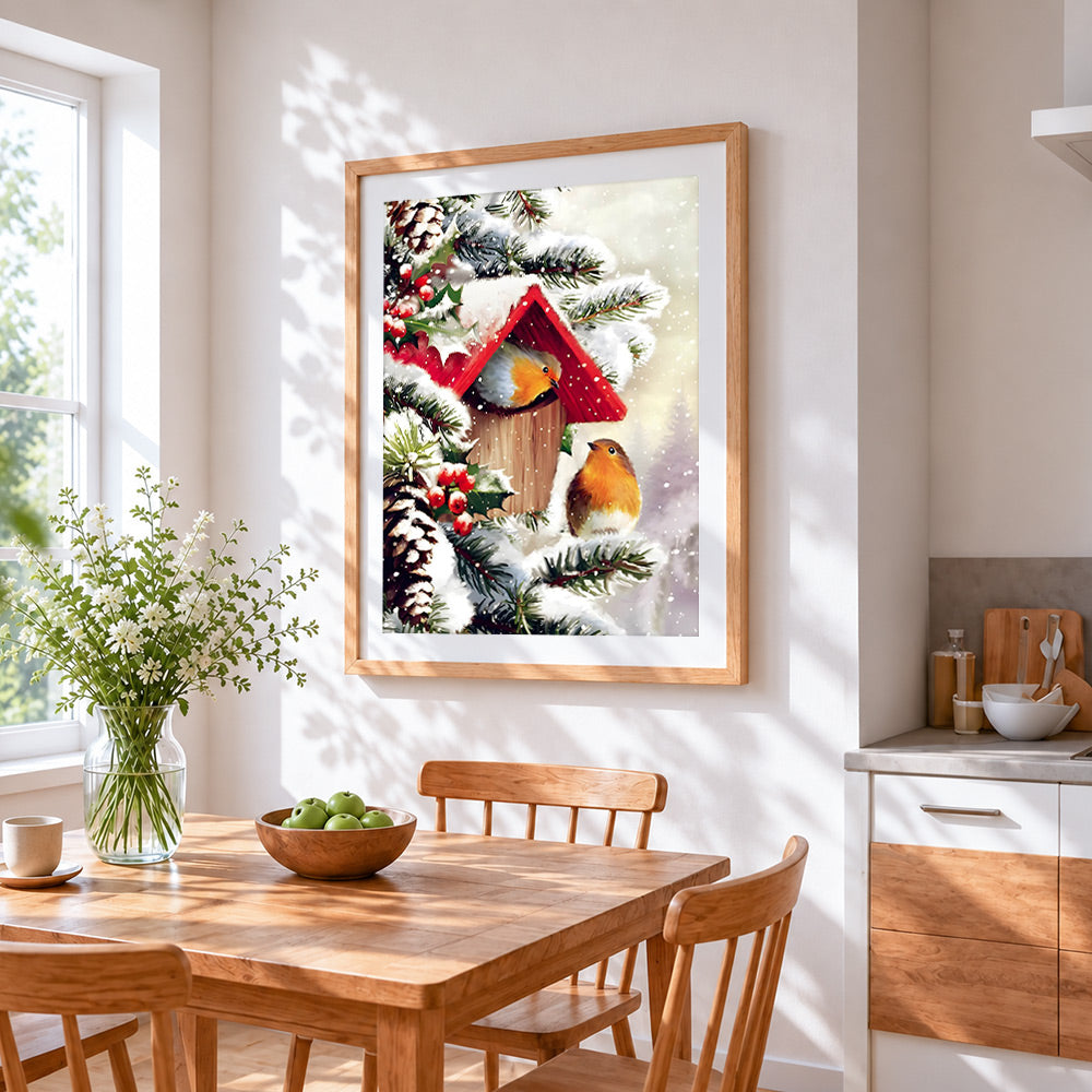 Christmas robins and birdhouse cross stitch artwork displayed on wall as home decor
