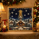 Finished christmas starlit church pearl diamond painting artwork displayed as holiday home decor