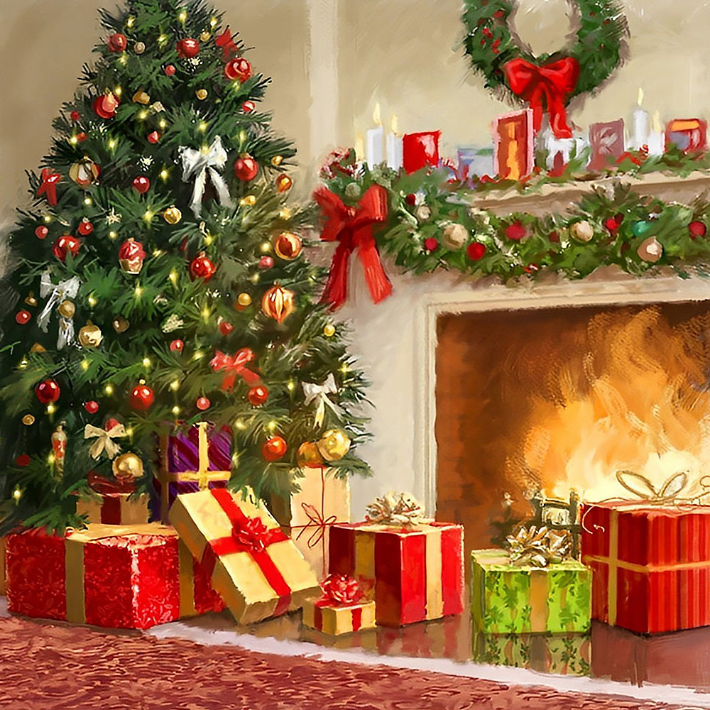 Christmas tree and presents by the fireplace cross stitch kit for beginners