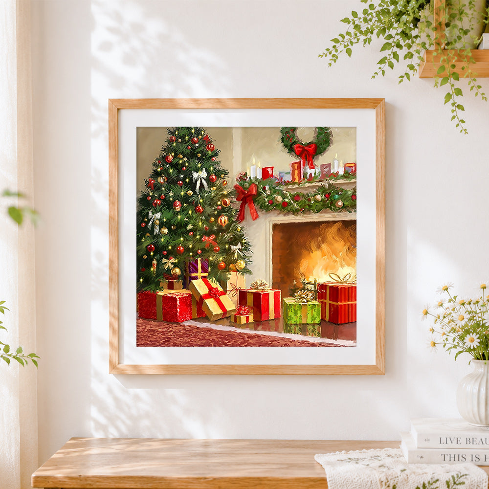 Finished christmas tree and presents by the fireplace paint by numbers artwork displayed as home decor