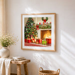 Christmas tree and presents by the fireplace paint by numbers artwork displayed on wall as home decor