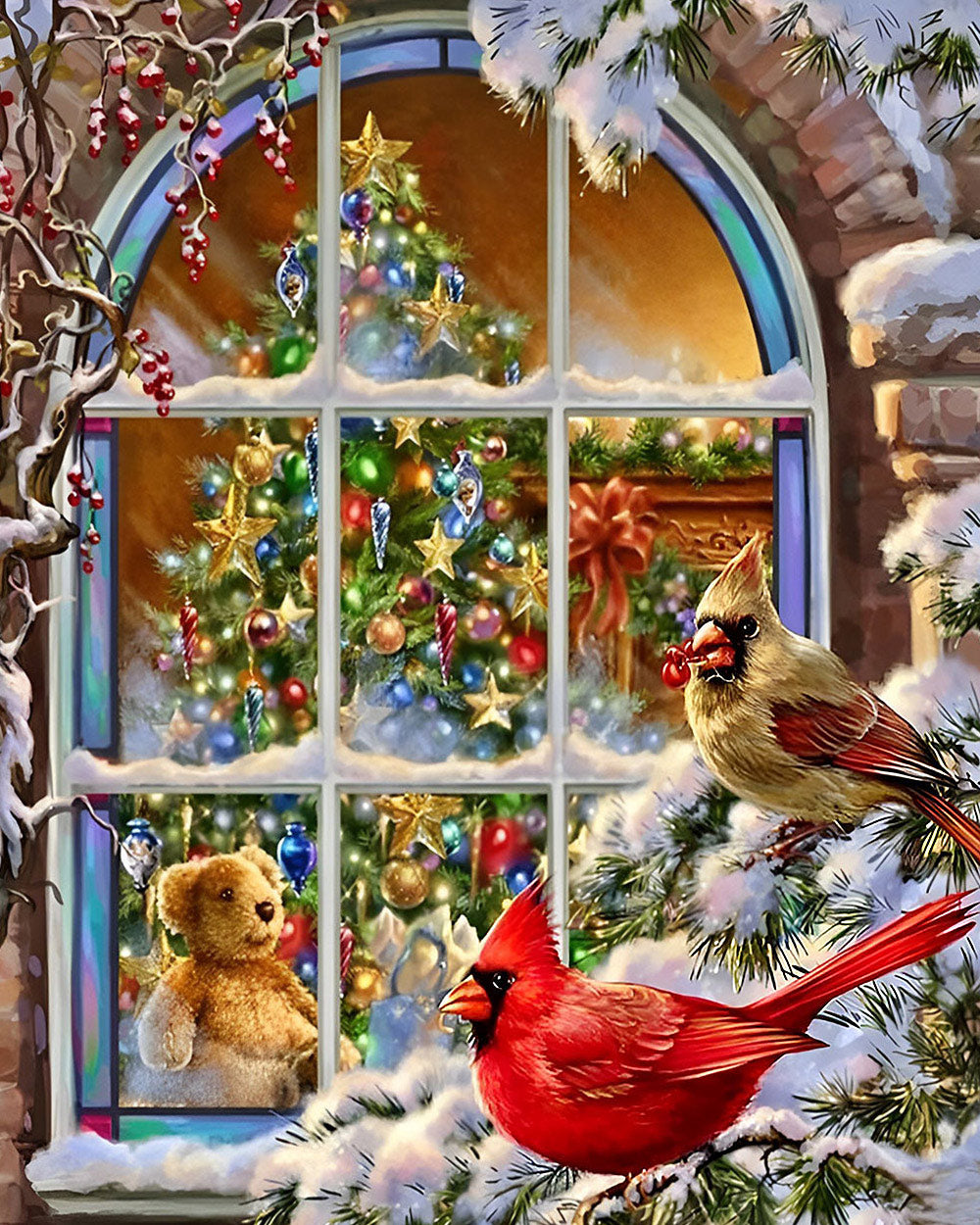 Christmas tree and red cardinals cross stitch kit for beginners