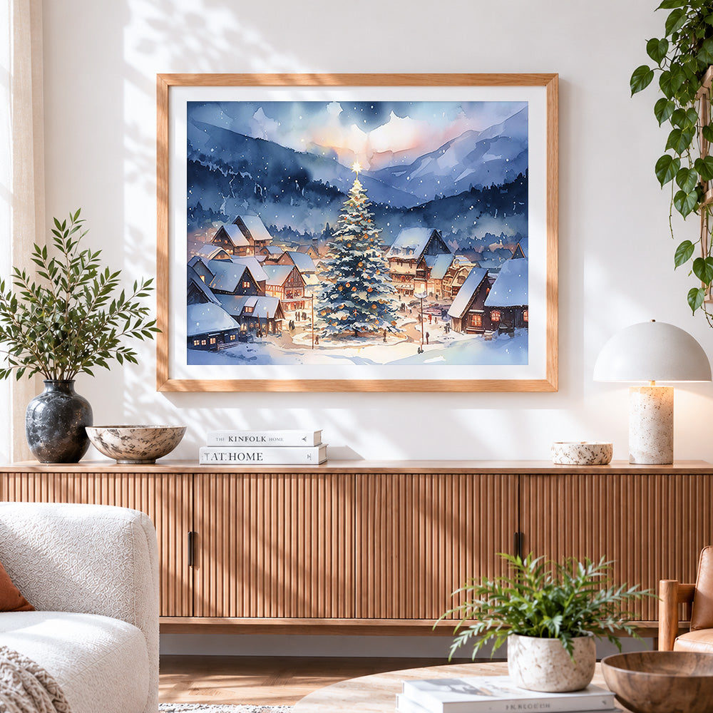 Finished christmas tree and snowy village paint by numbers artwork displayed as home decor