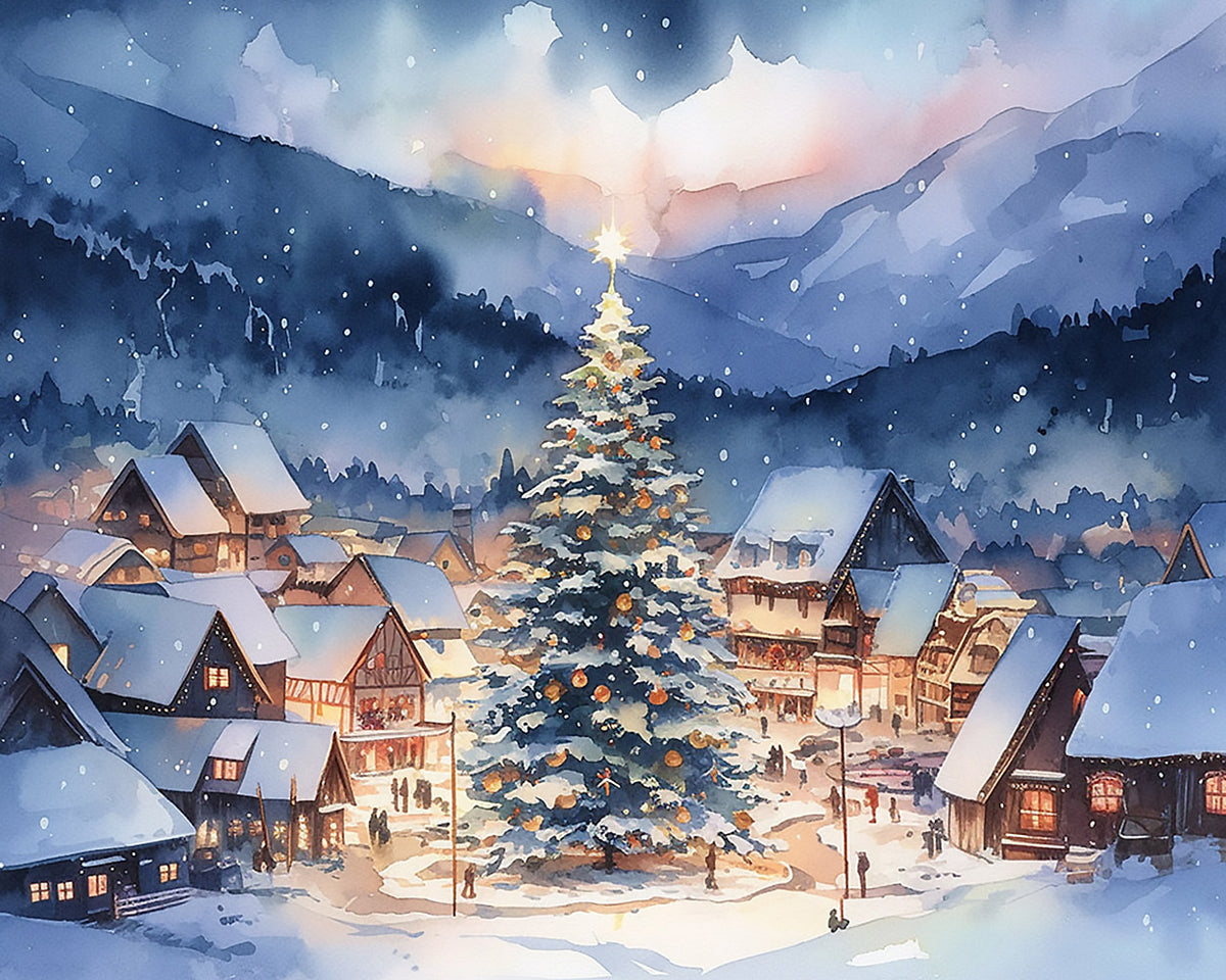 Christmas tree and snowy village paint by numbers kit for beginners
