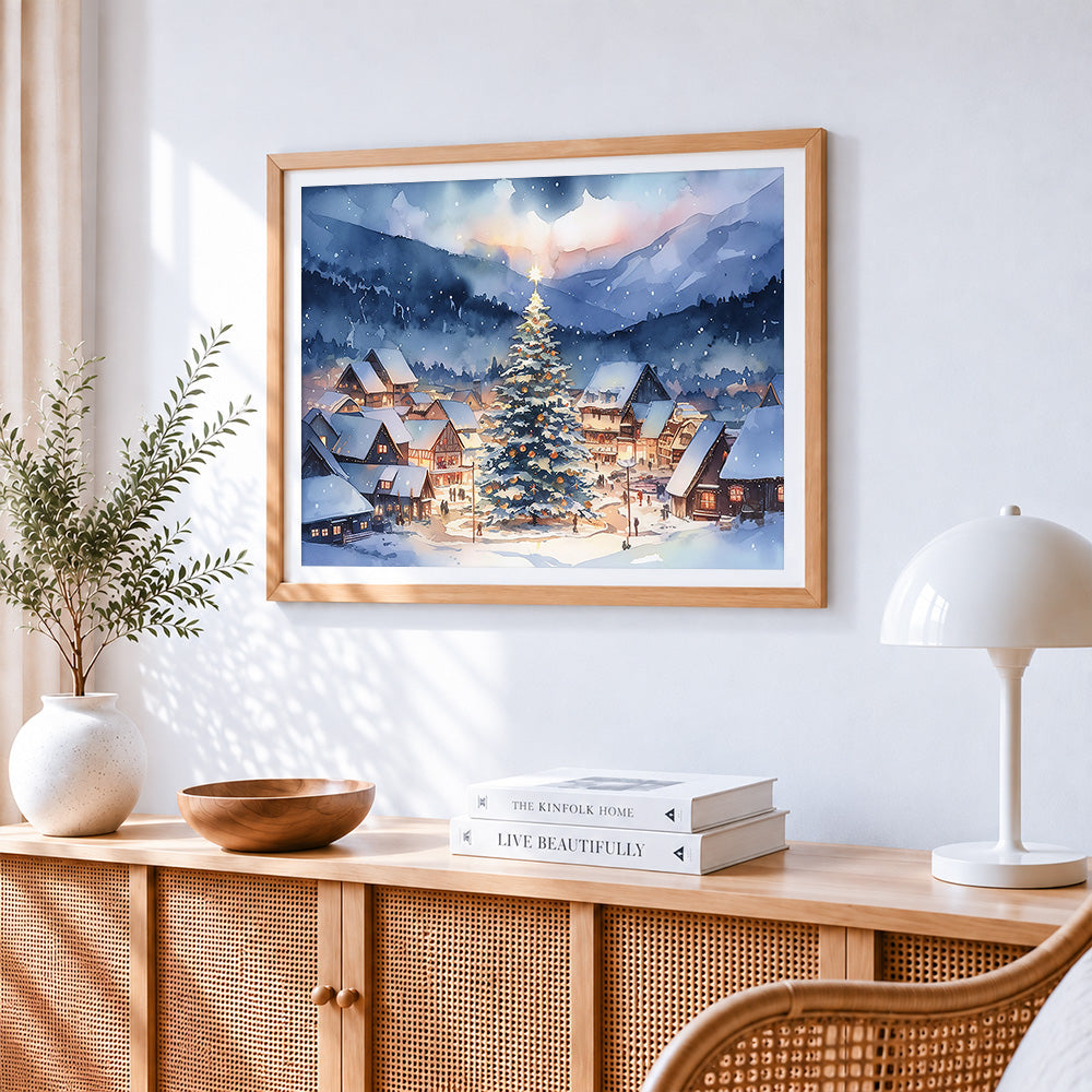 Christmas tree and snowy village paint by numbers artwork displayed on wall as home decor