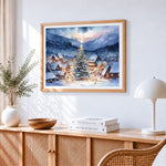 Christmas tree and snowy village paint by numbers artwork displayed on wall as home decor