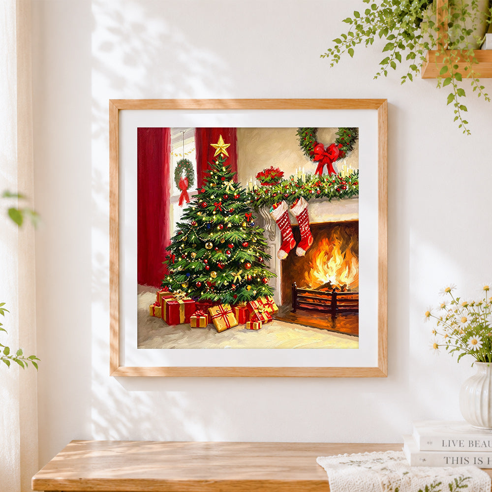 Finished christmas tree and stockings by the fireplace cross stitch artwork displayed