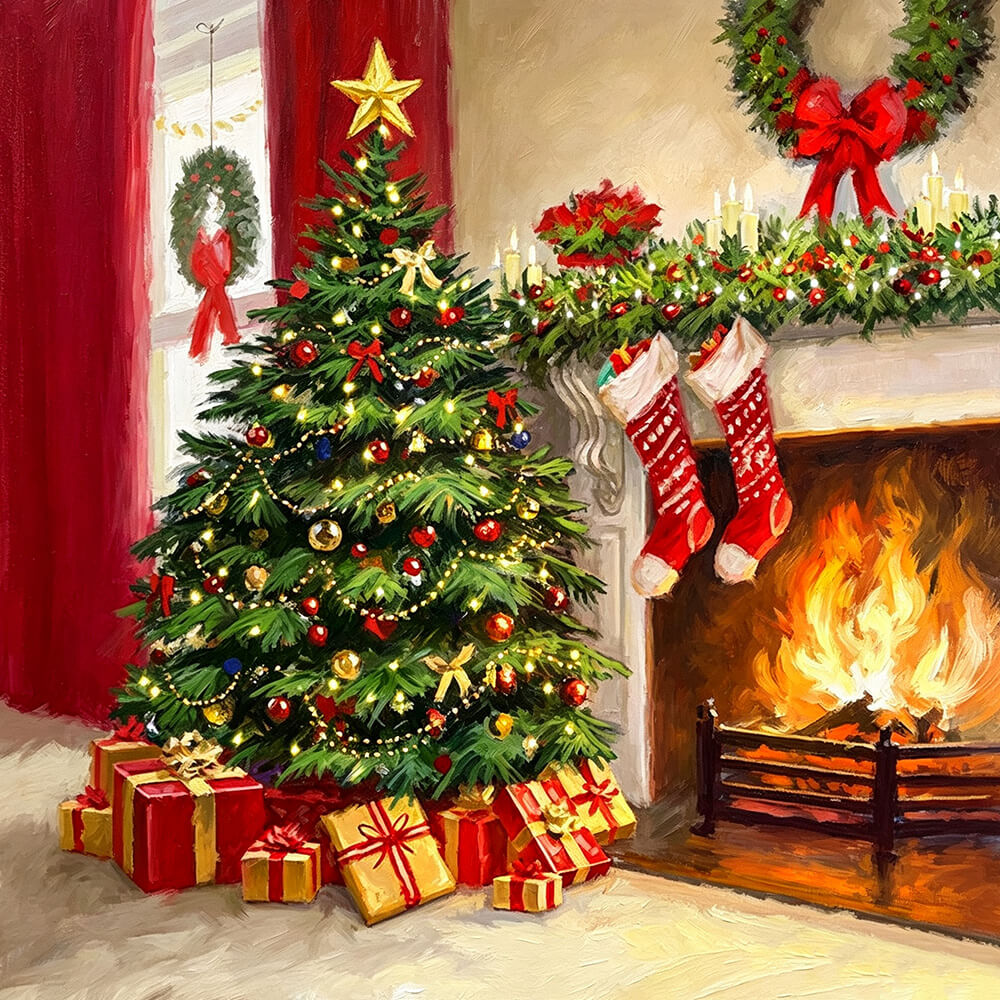 Christmas tree and stockings by the fireplace cross stitch kit for beginners