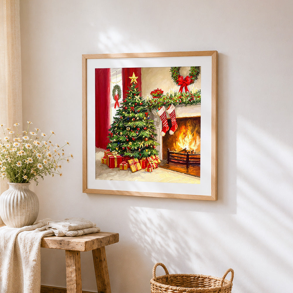 Christmas tree and stockings by the fireplace cross stitch artwork displayed on wall as home decor