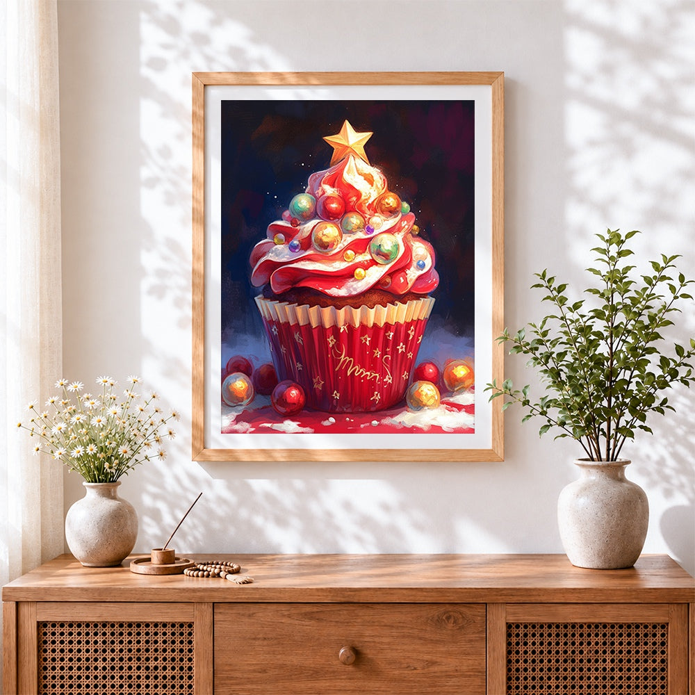 Finished christmas tree cupcake cross stitch artwork displayed