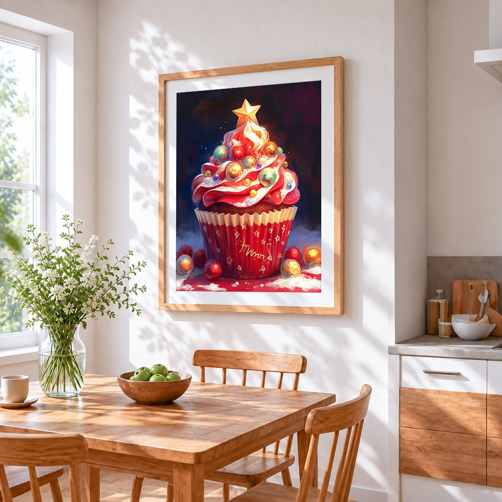 Christmas tree cupcake cross stitch artwork displayed on wall as home decor