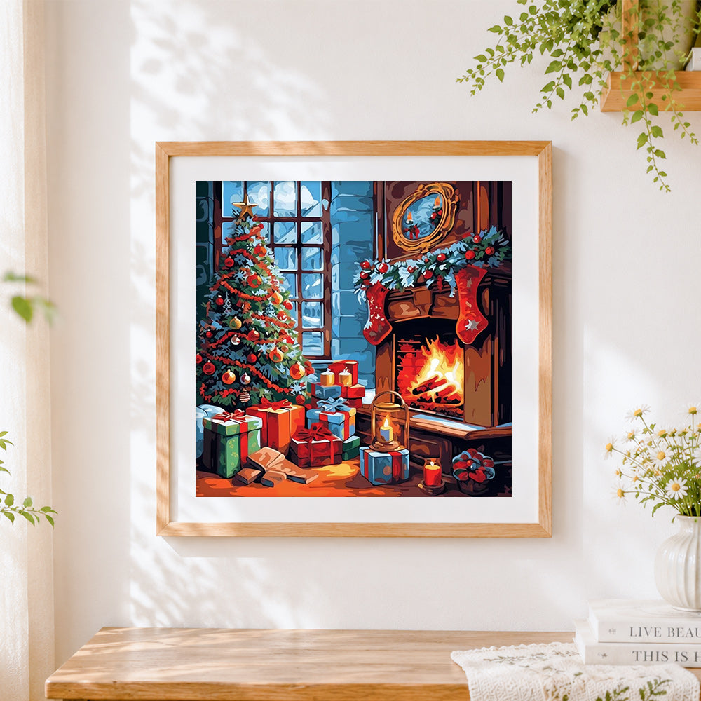 Finished christmas tree, fireplace and gifts cross stitch artwork displayed