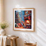 Christmas tree, fireplace and gifts cross stitch artwork displayed on wall as home decor