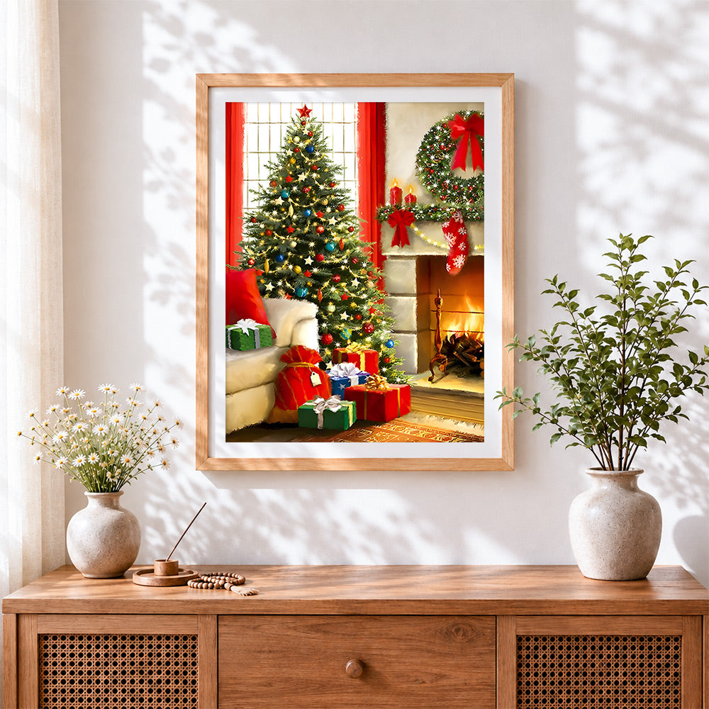 Finished christmas tree, presents and fireplace cross stitch artwork displayed