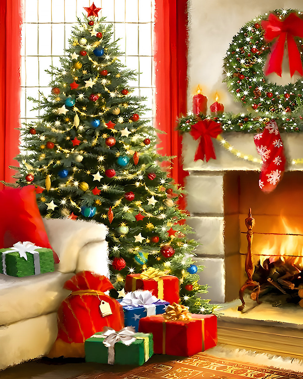Christmas tree, presents and fireplace cross stitch kit for beginners