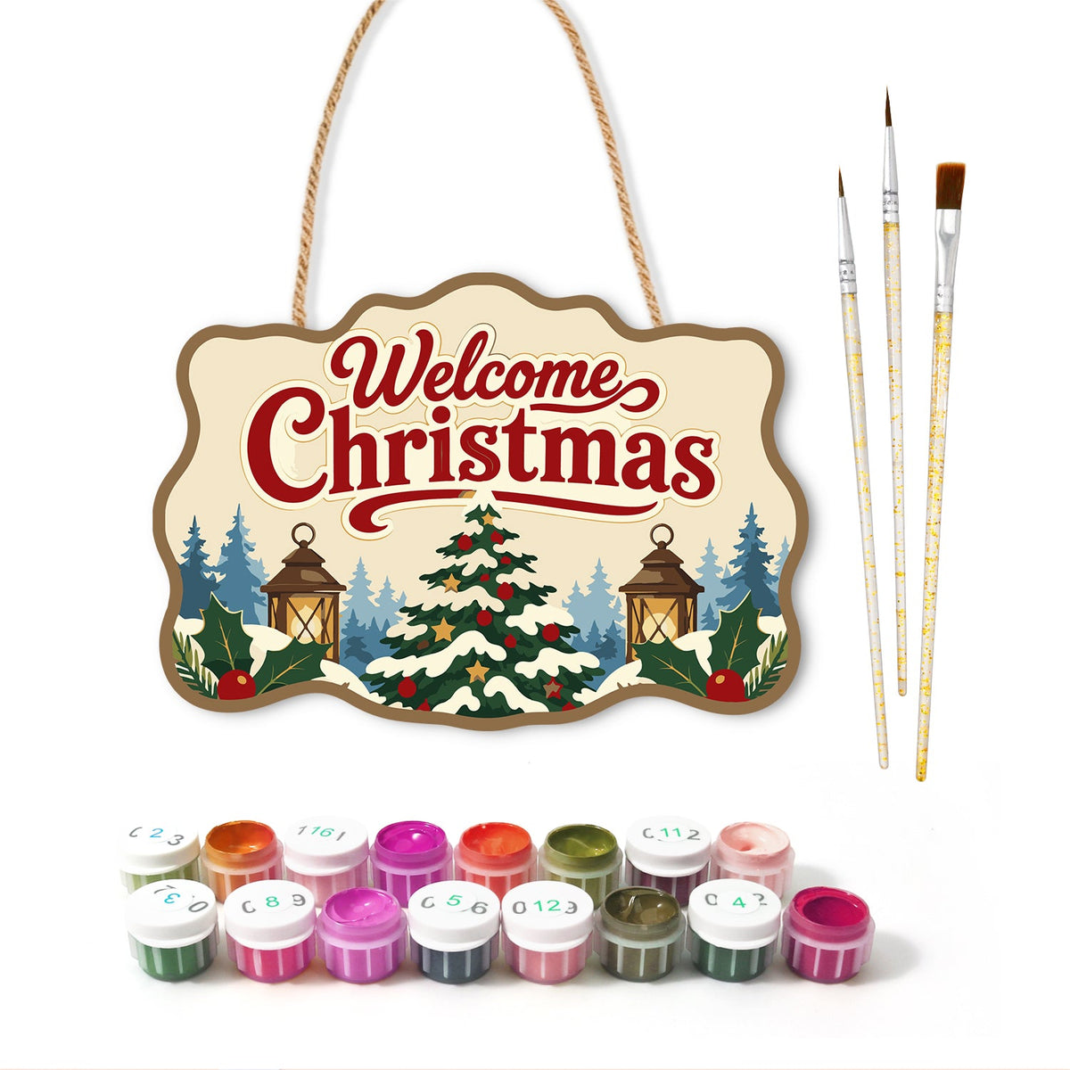 Christmas tree welcome paint by numbers door hanger with paints and brushes