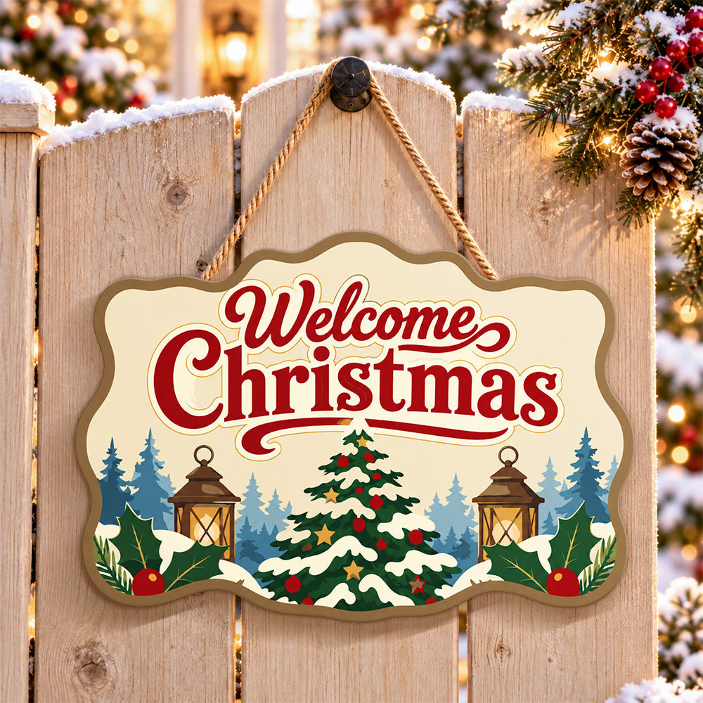 Christmas tree welcome paint by numbers door hanger on a garden gate