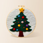 Christmas tree with colourful baubles needle felting kit for beginners with a round wooden frame