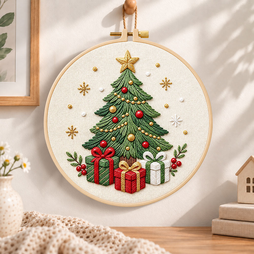 Christmas tree with gifts embroidery hoop wall art displayed as warm and cosy handmade home decor