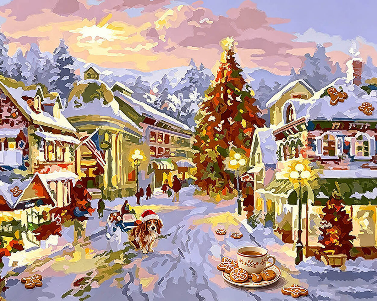 Christmas village scene with gingerbread and tree cross stitch kit for beginners