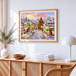 Christmas village scene with gingerbread and tree cross stitch artwork displayed on wall as home decor