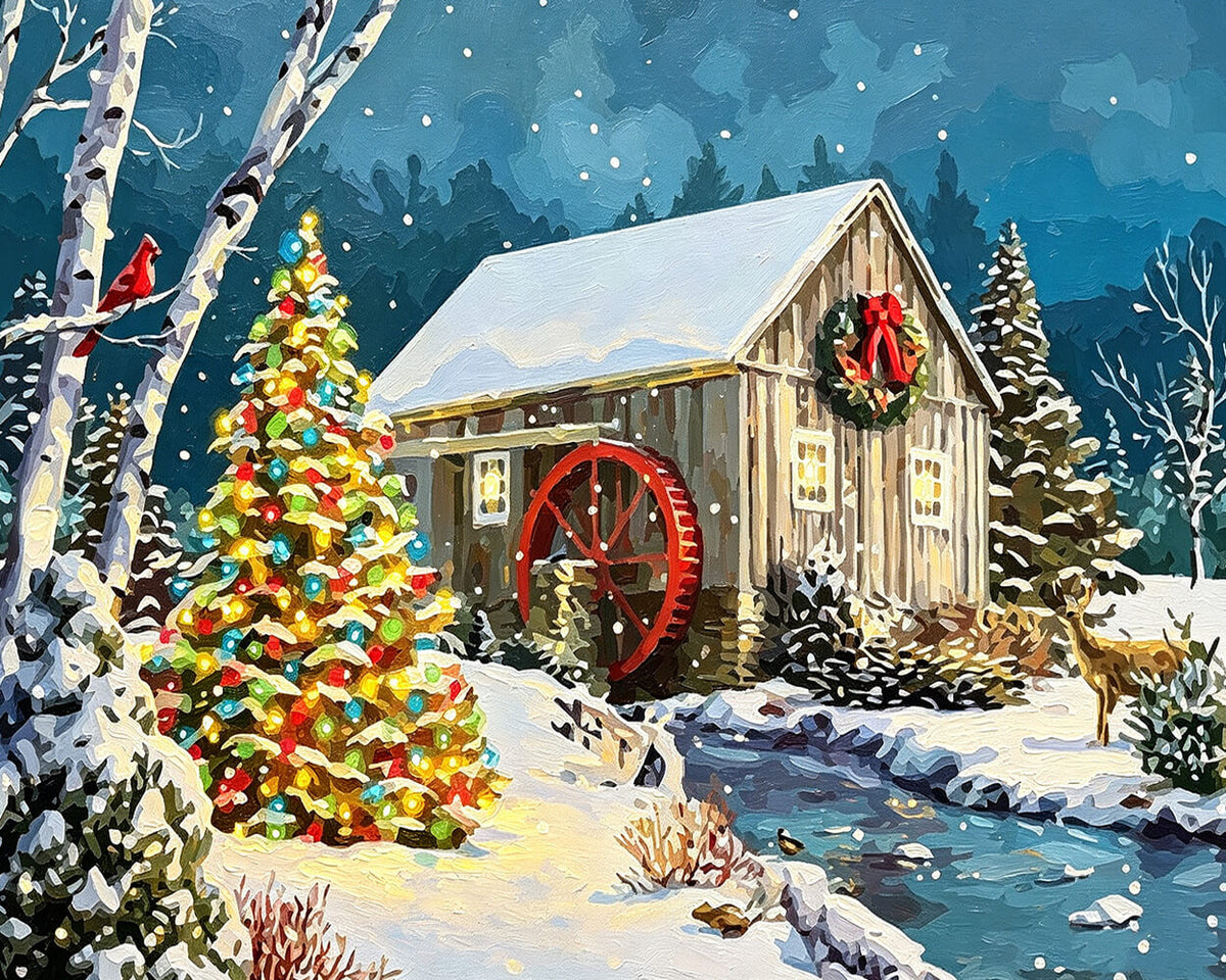 Christmas watermill scene with tree cross stitch kit for beginners