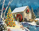 Christmas watermill scene with tree cross stitch kit for beginners