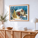Christmas watermill scene with tree cross stitch artwork displayed on wall as home decor