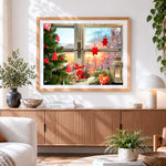 Finished christmas window with red decorations cross stitch artwork displayed