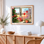 Christmas window with red decorations cross stitch artwork displayed on wall as home decor
