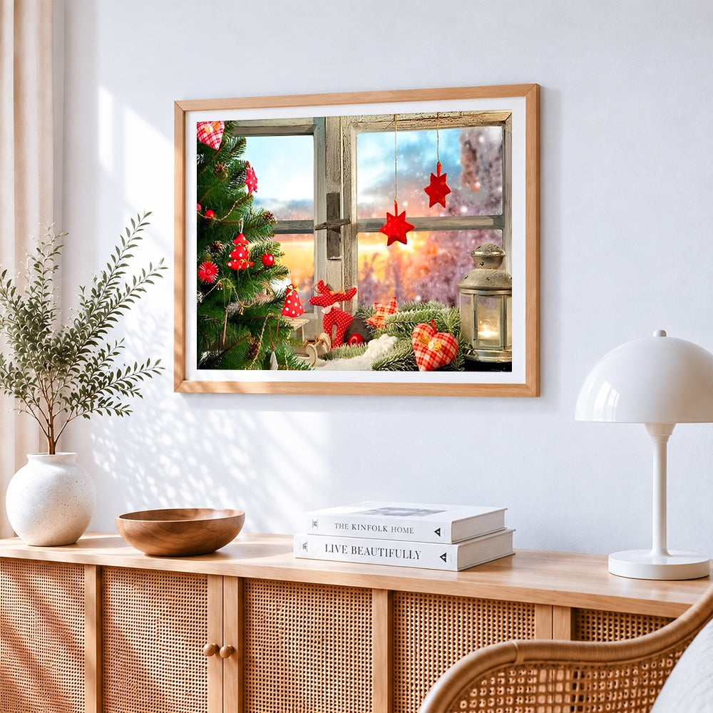 Christmas window with red decorations cross stitch artwork displayed on wall as home decor