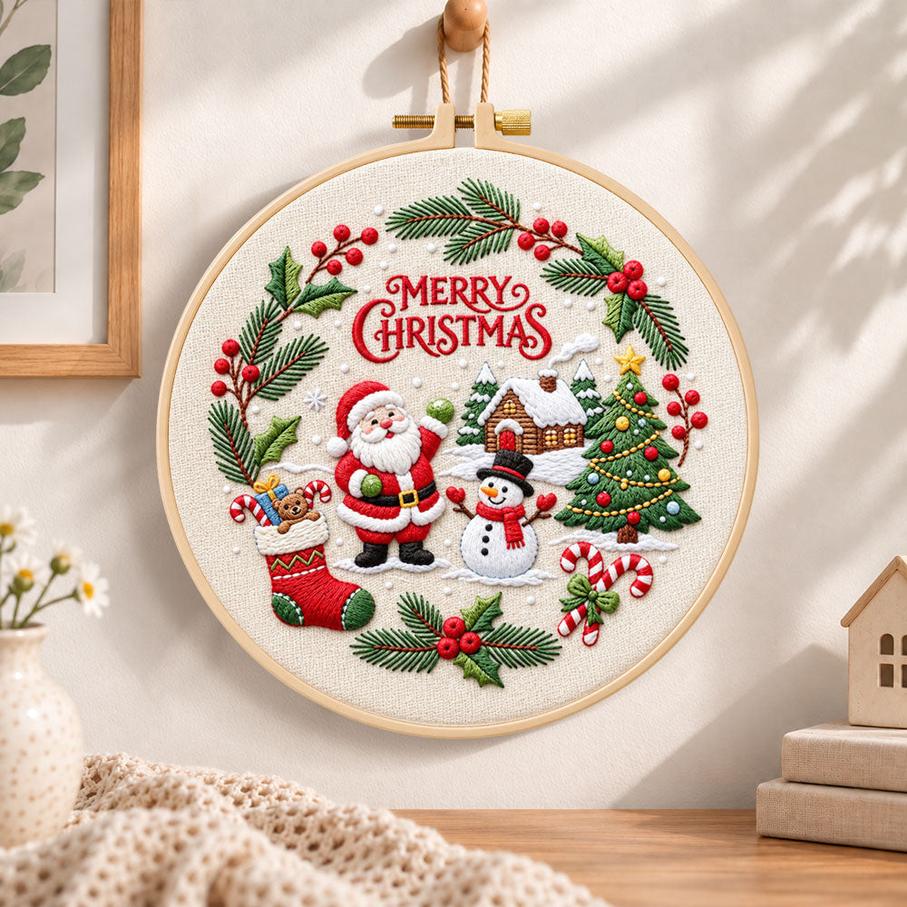 Christmas wreath scene embroidery hoop wall art displayed as warm and cosy handmade home decor