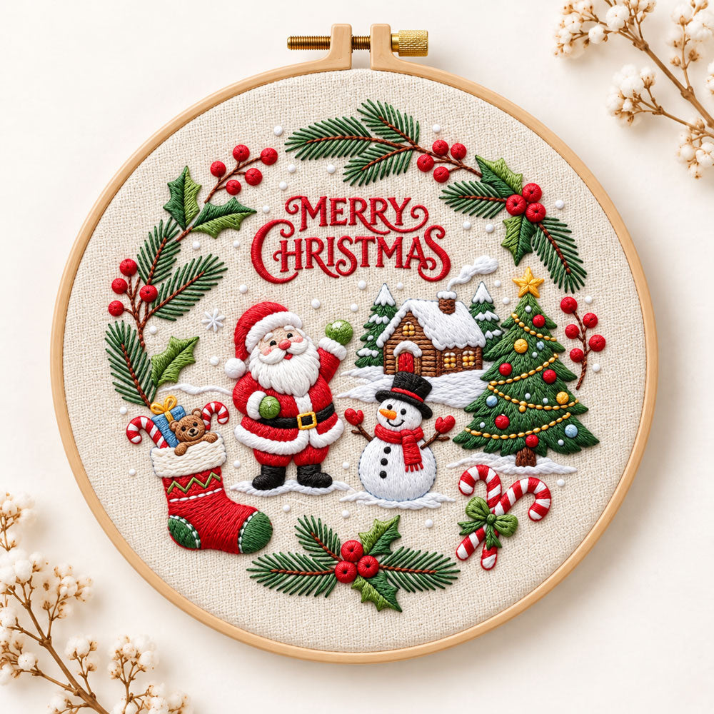 Christmas wreath scene embroidery kit